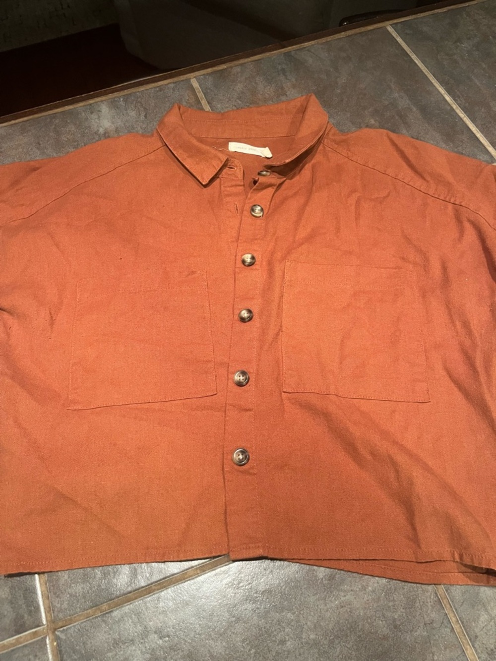 Cropped Linen Rust Button-Up Shirt- L